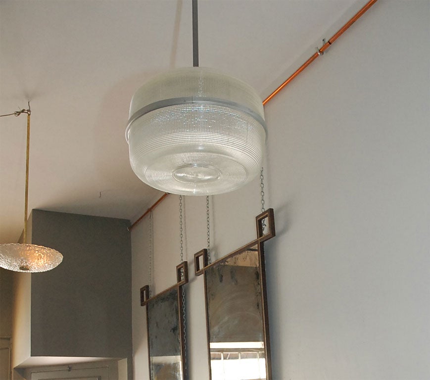 American Set of 4 large molded glass industrial hanging lights