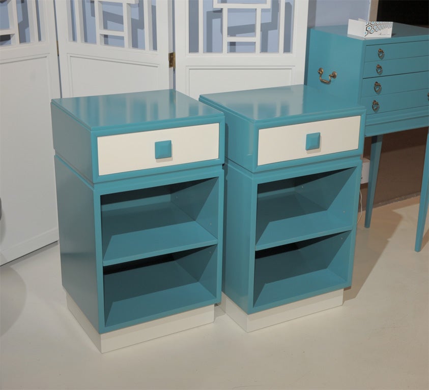 Pair of Kittinger made nightstands completely restored in white and peacock blue lacquer.