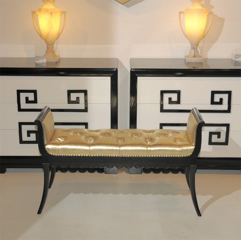 Neoclassical Gold Leather Tufted Bench