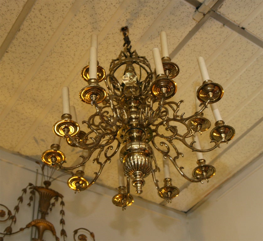 Early Brass Fifteen-Arm Chandelier In Excellent Condition In Westwood, NJ
