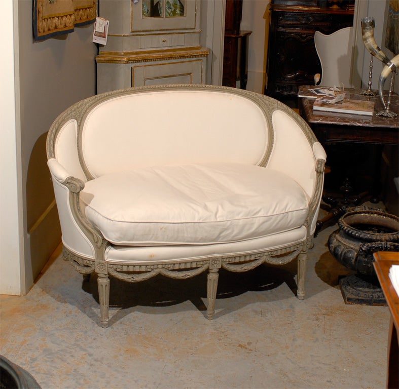 Petite French 19th Century Canape Sofa Louis XVI, One of a kind.  Visit our site at www.jadamsantiques.com