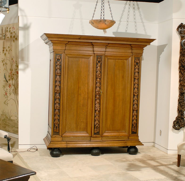 Large Dutch Two Door Armoire with Carved Foliate Pilasters