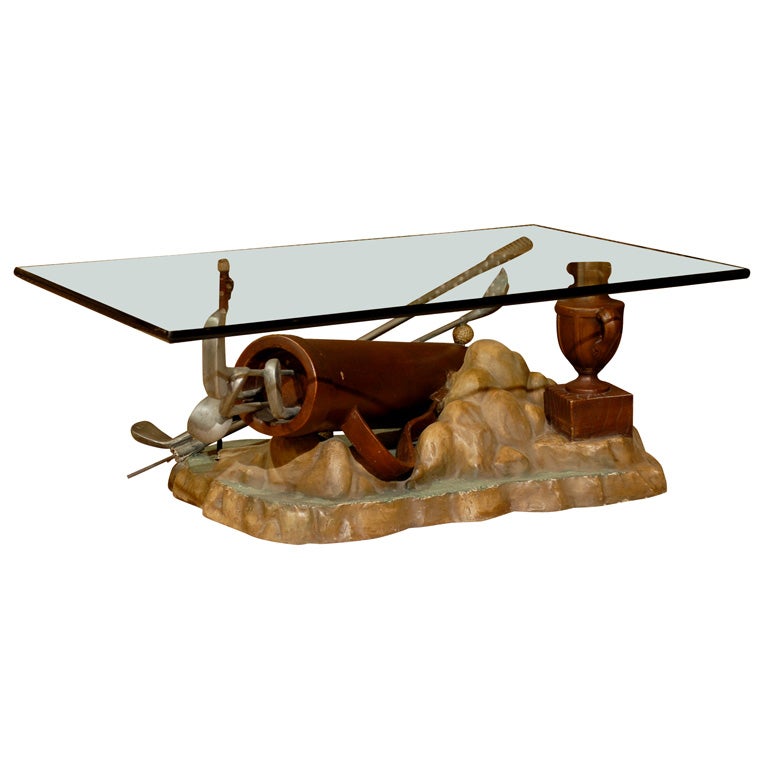 Very Unique Golf Coffee Table in Plaster and Glass