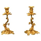 Pair "Dolphin" Gilt Bronze Candlesticks, France, Mid 19th c.