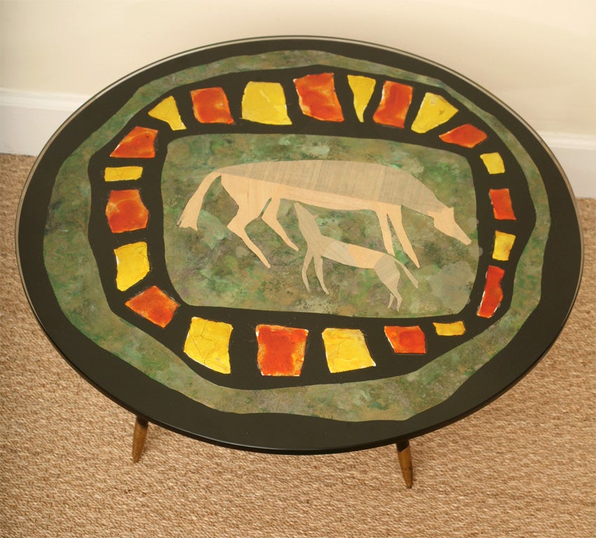 Italian Vintage Reverse Painted Glass, Tripod Side Table Horse Motif Ponti Style In Good Condition For Sale In North Miami, FL