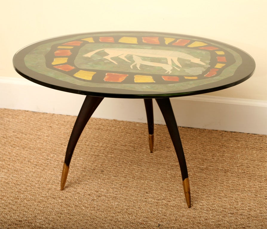 Mid-Century Modern Italian Vintage Reverse Painted Glass, Tripod Side Table Horse Motif Ponti Style For Sale