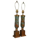 Retro Pair of Reverse Painted Lamps with Botanical Motif
