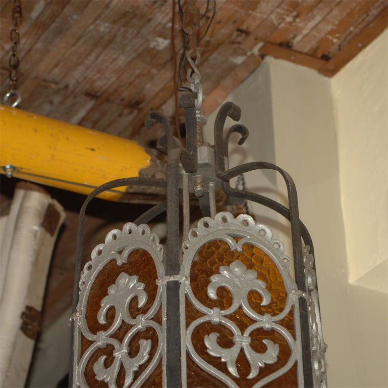 Wrought Iron Large Art Deco Style Lantern Light Fixture, Early 20th Century For Sale