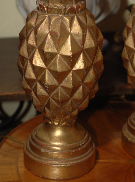 20th Century Pair of Italian Carved Wood Pineapple Table Lamps