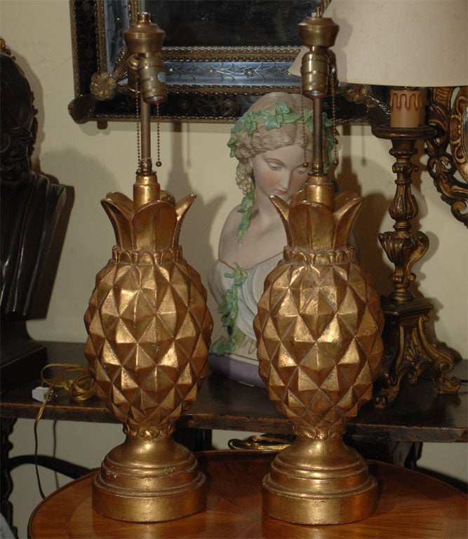 Pair of Italian Carved Wood Pineapple Table Lamps 2