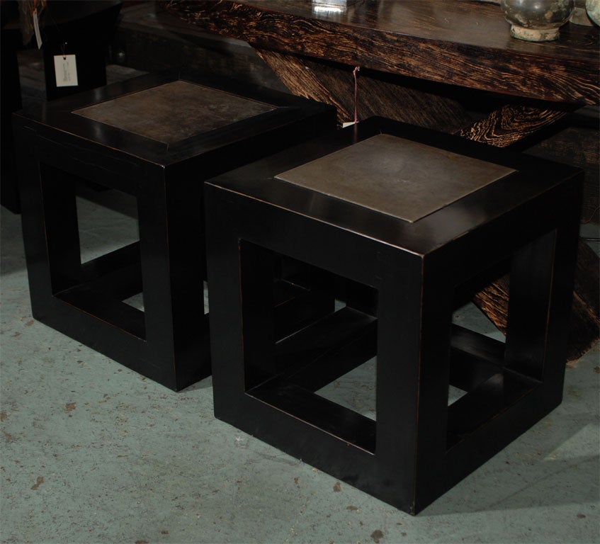 Black Lacquered End Tables with Stone Top (ref# TOM4 & TOM5)