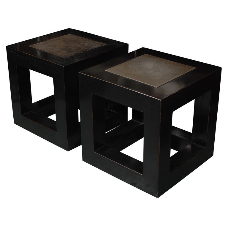 Black Lacquered End Tables with Stone Top (ref TOM4 and TOM5) at 1stDibs