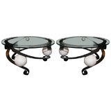 Pair of 1950's Low Tables of Wrought Iron and Travertine