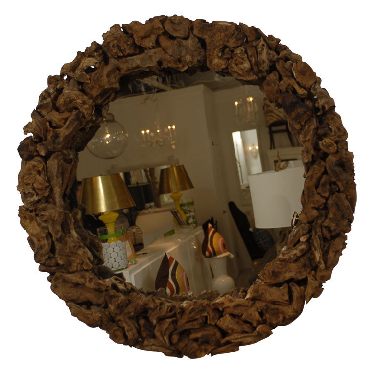 Round Carved Teak Mirror at 1stDibs