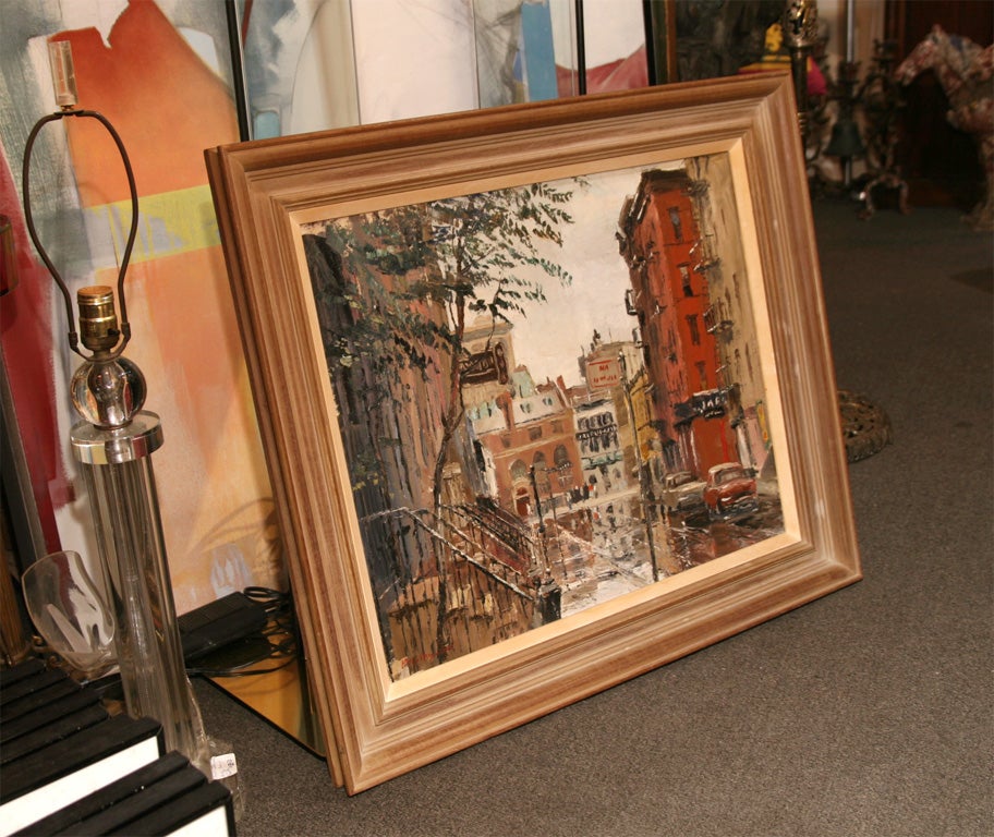 Midcentury Oil Painting of Greenwich Village Street Scene by Peter Hayward in Original Wood Frame