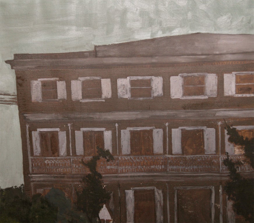 Midcentury Oil Painting of Southern Mansion In Good Condition In Water Mill, NY