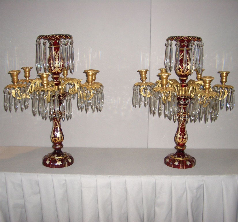 Pair of Bohemian Handblown Ruby Crystal and Bronze Six-Arm Candelabra In Excellent Condition In Great Barrington, MA