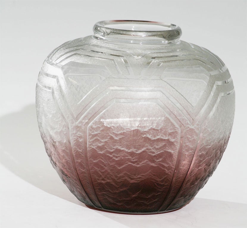 20th Century Handblown Crystal Signed Schneider Art Deco Vase Plum Shaded to Clear