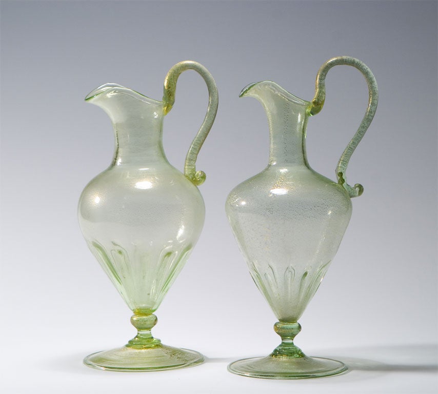 Venetian Hand Blown Ewers with Gold Leaf Inclusions