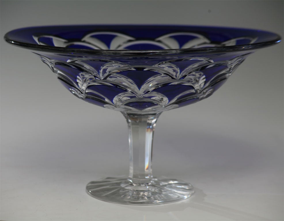 Large and Impressive hand blown crystal footed centerpiece with cobalt cut to clear Art Deco decoration.