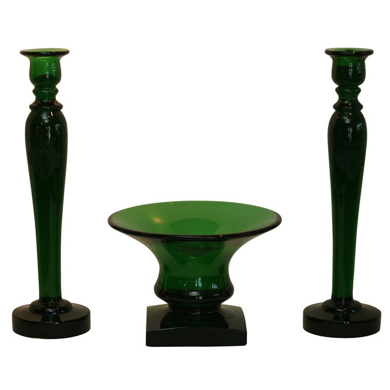 Steuben Museum Quality Monumental Candlesticks and Center Bowl Pomona Green For Sale