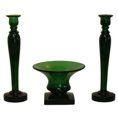 Steuben Museum Quality Monumental Candlesticks and Center Bowl Pomona Green