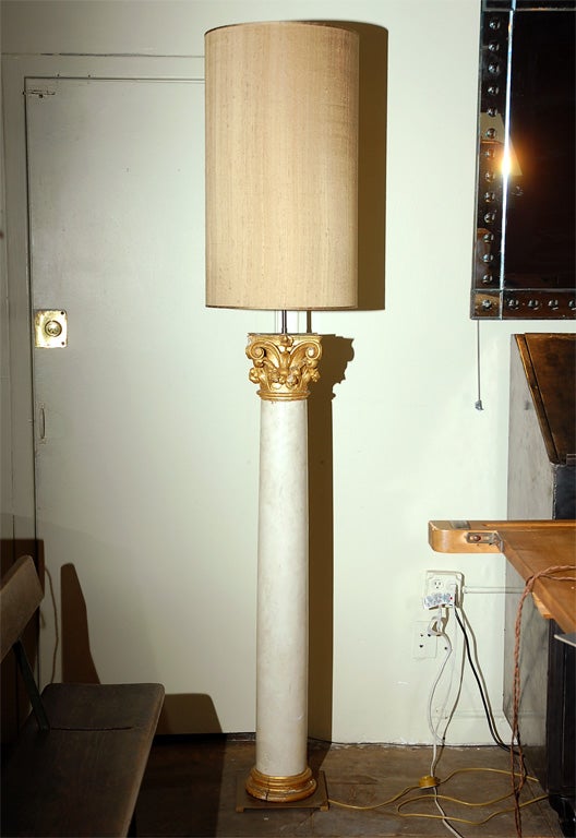 Pair of 19th century White colums floor lamp with gold leaf trim and new linen shade.  (lights are in 1STDIBS@NYDC Showroom, NYC.)