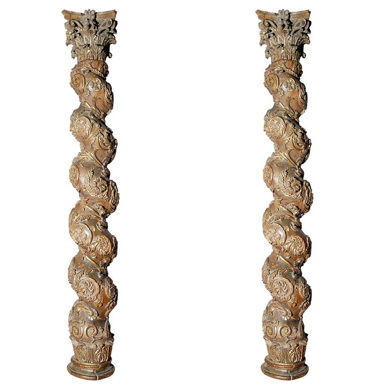 Monumental Italian Baroque Carved Solomonic Columns