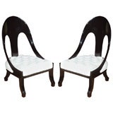 Pair of Black Lacquer Regency Style Spoon-Back Chairs