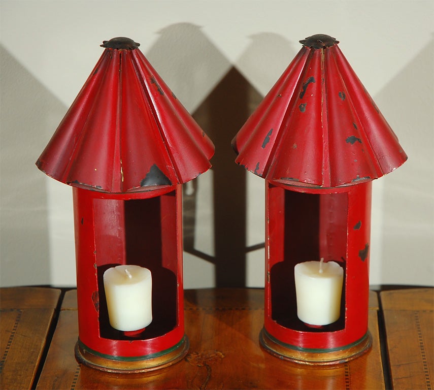 Pair of Vintage Italian Red Tole Lantern Sconces at 1stdibs