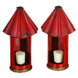 Pair of Vintage Italian Red Tole Lantern Sconces