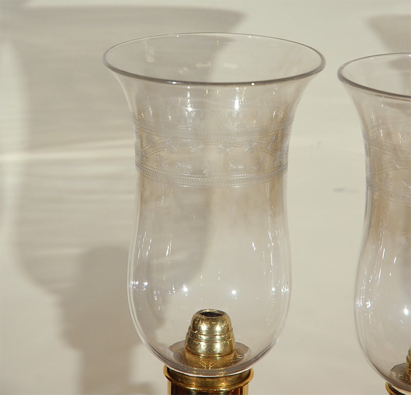 American Pair of 19th Century Brass & Glass Hurricane Candleholders