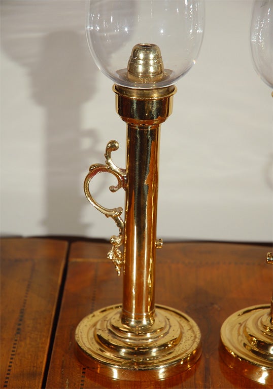 Pair of 19th Century Brass & Glass Hurricane Candleholders 1