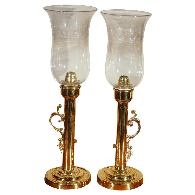 Pair of 19th Century Brass & Glass Hurricane Candleholders
