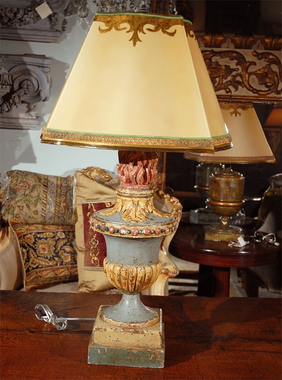 Pair of Whimsical Painted Flamed Urn Lamps with Shades