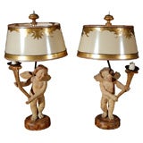Pair of 19th C. Carved Wood & Polychromed Cherub Lamps