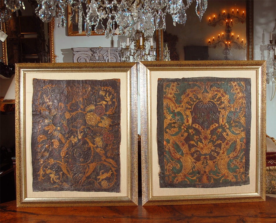 Pair of 19th C. Framed Embossed Leather Panels at 1stDibs