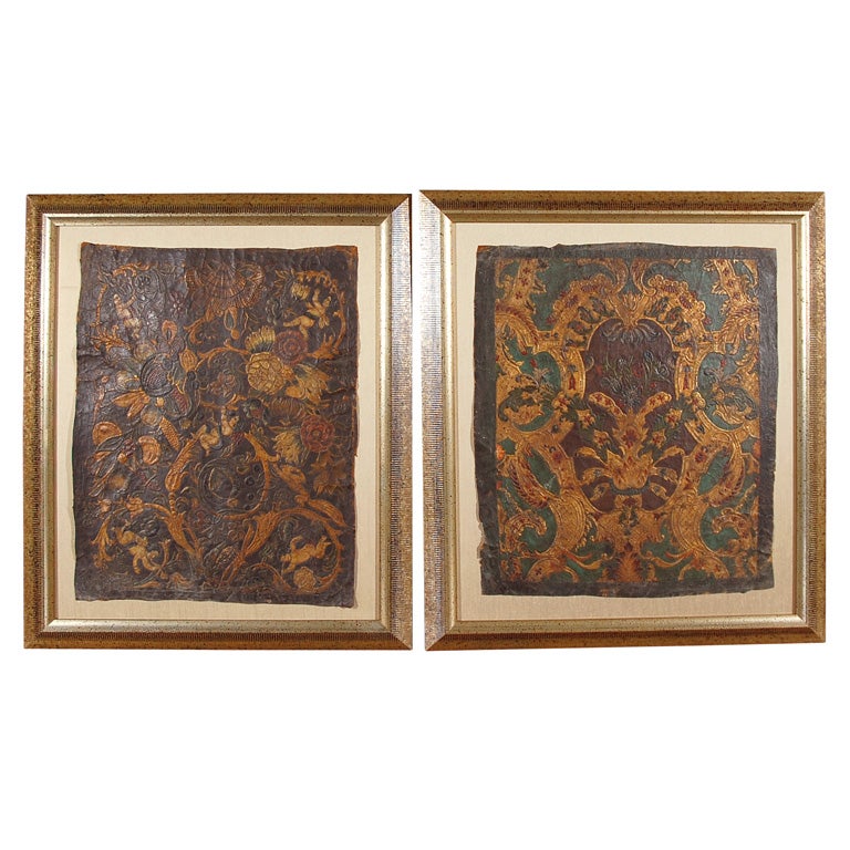 Pair of 19th C. Framed Embossed Leather Panels at 1stDibs