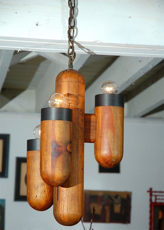 Vintage Wood & Bronze Cactus Like Hanging 3-Bulb Light.  Newly Wired on an Adjustable Height Chain.  Very Funky 70's Inspired Vibe.