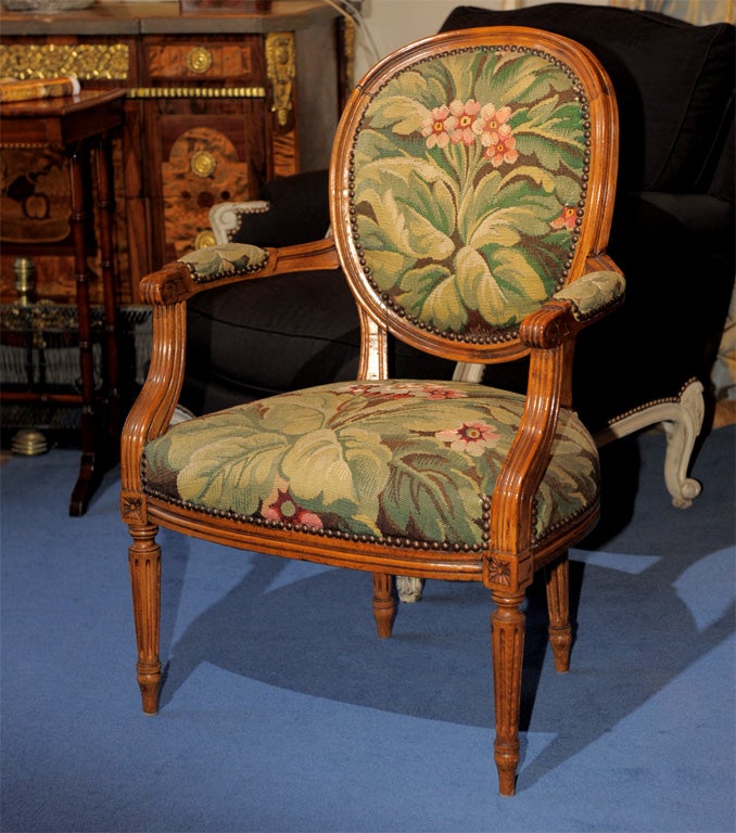 French Louis XVI Tapestry Walnut with Oak Fauteuil For Sale
