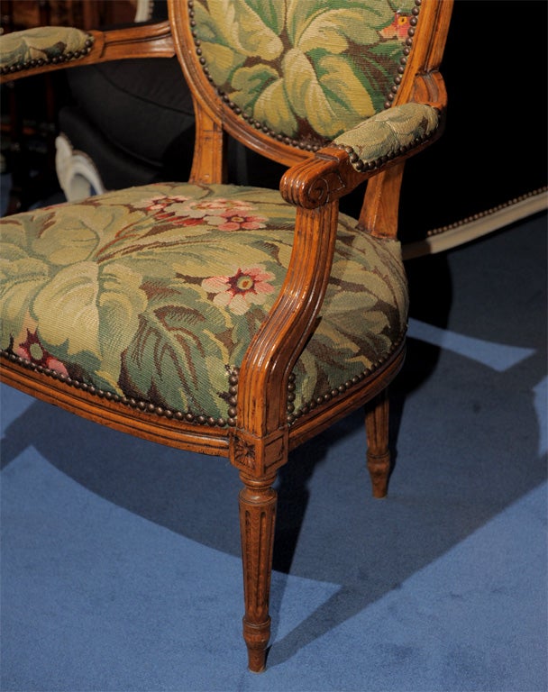 18th Century and Earlier Louis XVI Tapestry Walnut with Oak Fauteuil For Sale