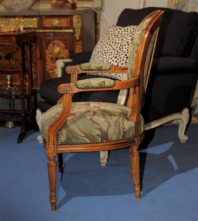 Wood Louis XVI Tapestry Walnut with Oak Fauteuil For Sale