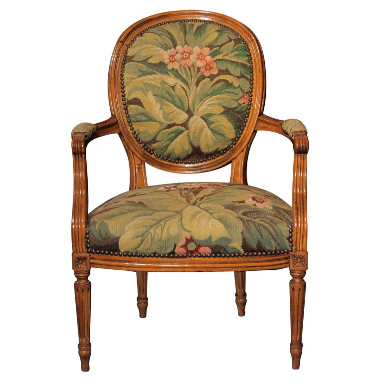 Louis XVI Tapestry Walnut with Oak Fauteuil For Sale