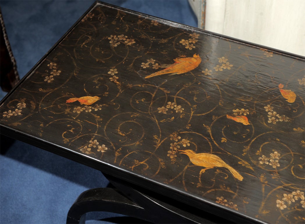 French Chinoiserie Lacquered and Polychrome Panel Cocktail Table For Sale