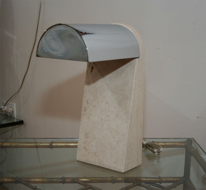 Pair of limestone table lamps with cantilevered chrome shades