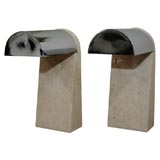 Pair of limestone table lamps with cantilevered chrome shades