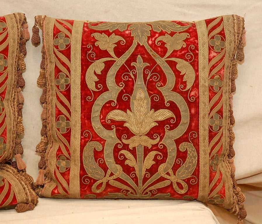 Pair of Italian Appliqed Red Velvet Pillows at 1stdibs
