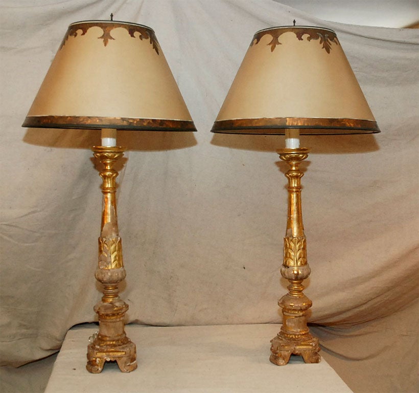 19th Century Pair of 19th C. Italian Alterstick Lamps with Shades