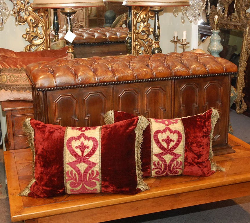 Italian Pair of Antique Velvet & Appliqued Pillows