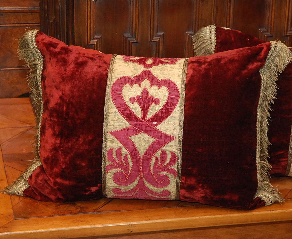 19th Century Pair of Antique Velvet & Appliqued Pillows